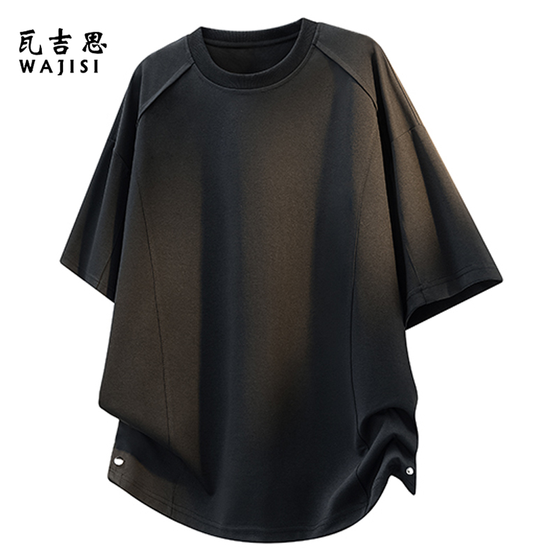 13447203.美式拼接设计感短袖T恤男士夏季薄款冰丝棉宽松透气体恤休闲上衣