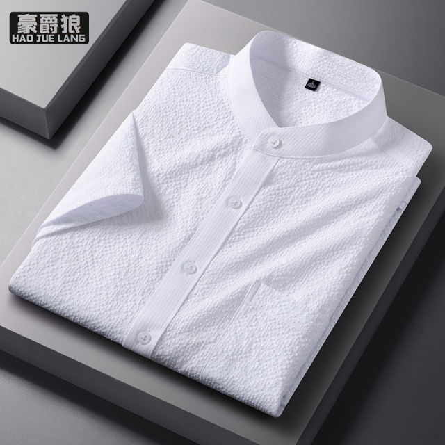 13447211.凉感泡泡纱短袖衬衫男士夏季薄款新中式立领百搭衬衣工装上衣