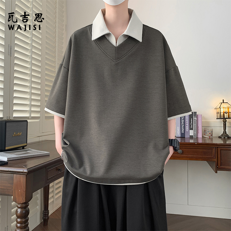 13447155.假两件短袖Polo衫男夏季冰丝美式宽松青少年上衣服拼接衬衫领t恤
