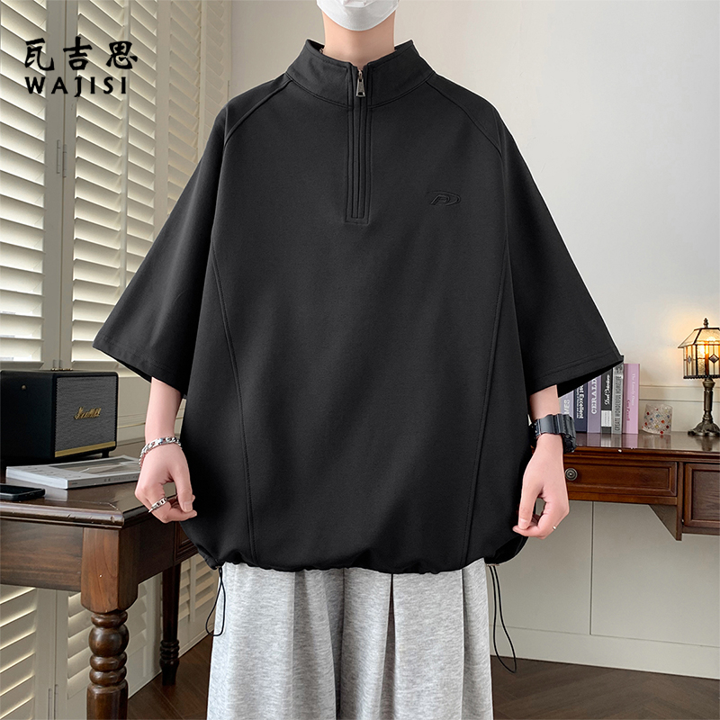 13447153.大码半拉链短袖POLO衫T恤男夏季现款休闲潮流宽松舒适青少年上衣