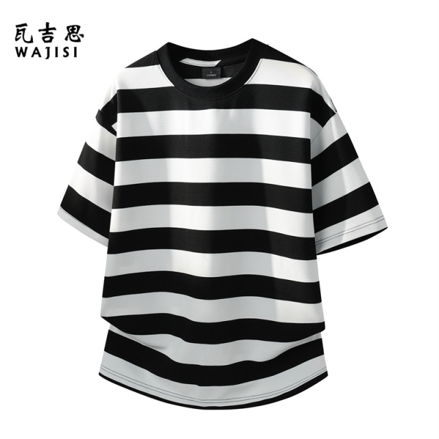 13447098.美式复古风落肩袖条纹短袖T恤男女宽松百搭圆领休闲上衣情侣款