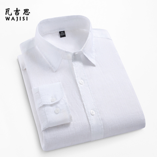 13447112.纯色亚麻长袖衬衫麻布男装外穿休闲宽松棉麻料衬衣服四季可穿寸衫