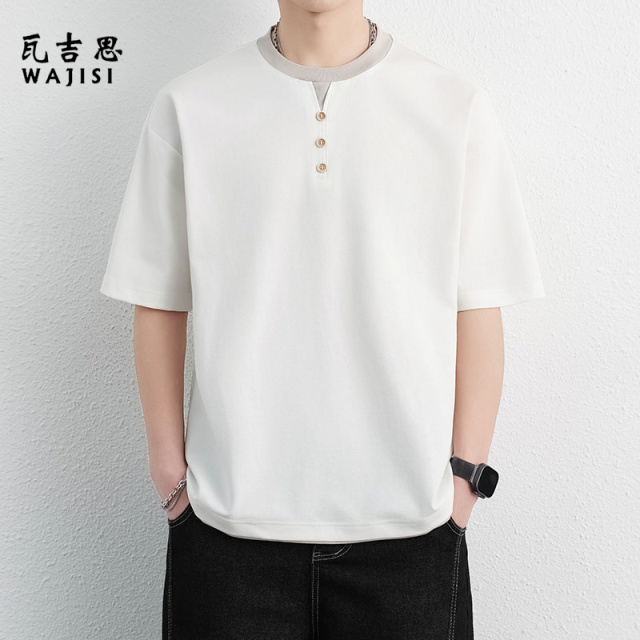 13447158.假两件V领冰丝短袖t恤男士夏季潮牌半袖设计感夏天男生体恤