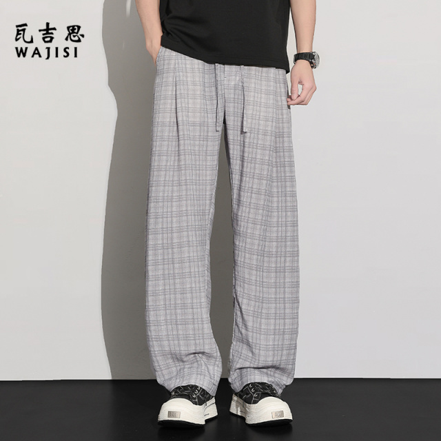 13447163.莱赛尔休闲男夏季暗格纹亚麻阔腿长裤日系慵懒风垂感宽松直筒裤子