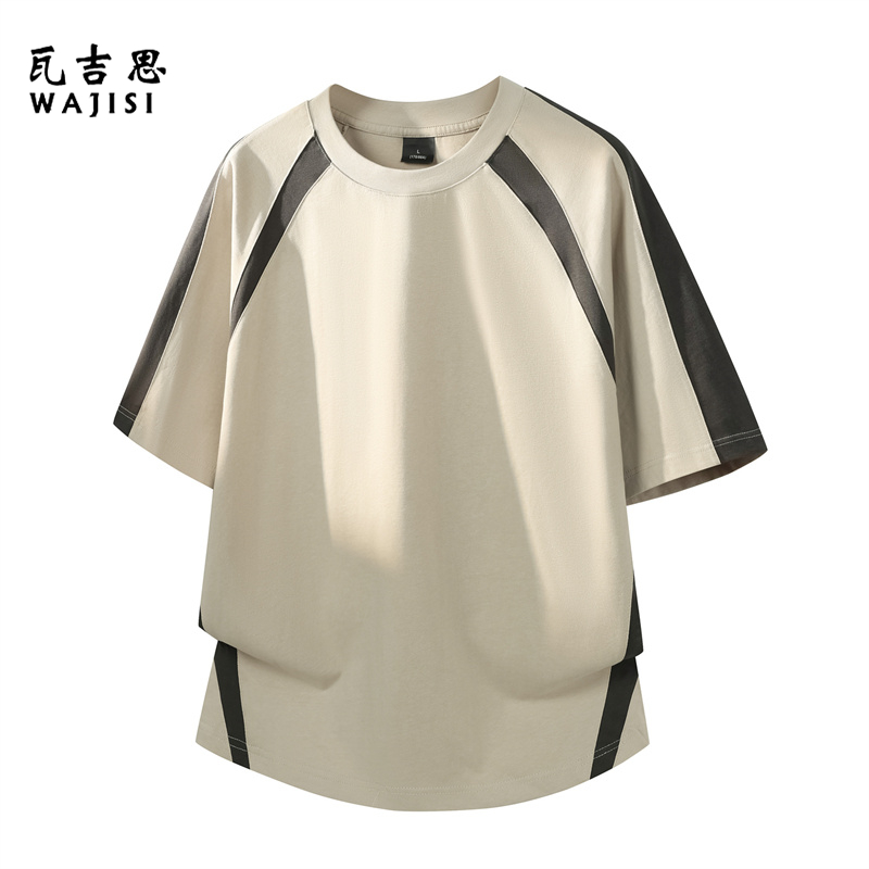 13447103.撞色插肩袖拼接美式圆领短袖T恤男女夏重磅纯棉宽松上衣潮