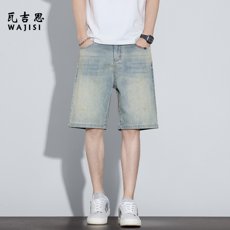 13447180.美式复古水洗牛仔短裤男士夏季薄款宽松直筒五分裤潮牌做旧中裤