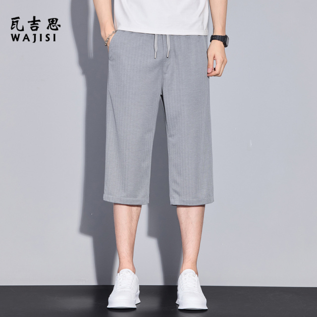 13447187.夏季薄款七分休闲裤男宽松透气速干波浪纹松紧腰男士商务短裤