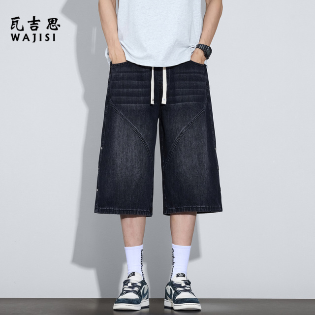 13447170.水波纹牛仔七分裤男夏季新款潮牌宽松阔腿裤子凉感透气新款休闲裤