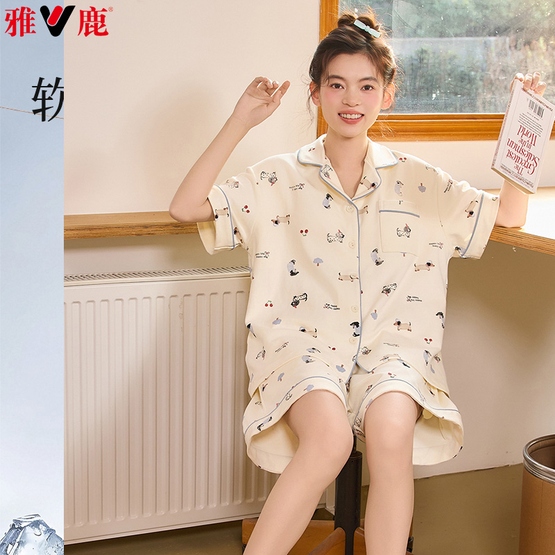 13451164.雅鹿女士夏季睡衣套装翻领开衫短袖全棉纯棉家居服宽松休闲柔软舒适简约百搭居家两件套