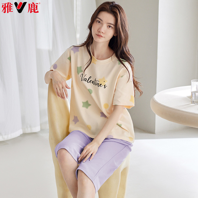 13451157.雅鹿女士睡衣套装夏季新款纯棉带胸垫短袖七分裤家居服全棉免穿内衣可外穿宽松透气柔软亲肤舒适休闲两件套