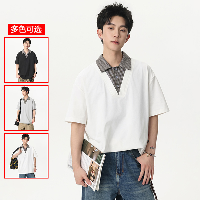 13448059.衣仕梵夏季新款男式潮流V领假两件短袖Polo衫【衣仕梵男装XJ】