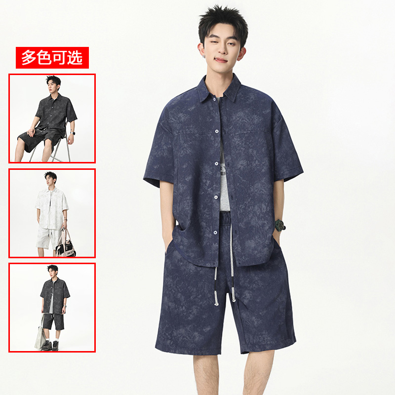 13448051.衣仕梵夏季新款男式宽松美式仿牛仔潮流休闲套装【衣仕梵男装XJ】
