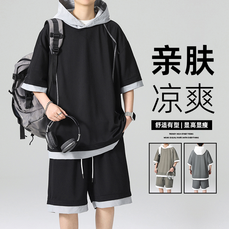 13448151.季婕夏季上新男式宽松美式连帽运动潮流休闲套装【季婕男装XJ】