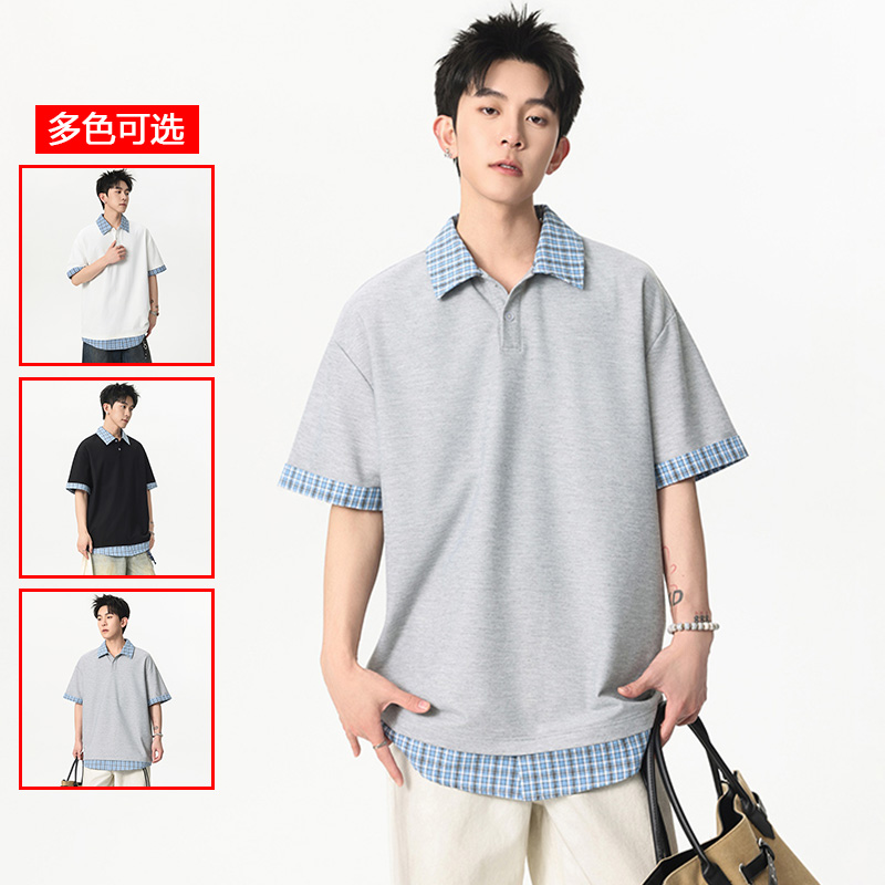 13447988.衣仕梵夏季新款男式拼接格纹潮流短袖Polo衫【衣仕梵男装XJ】