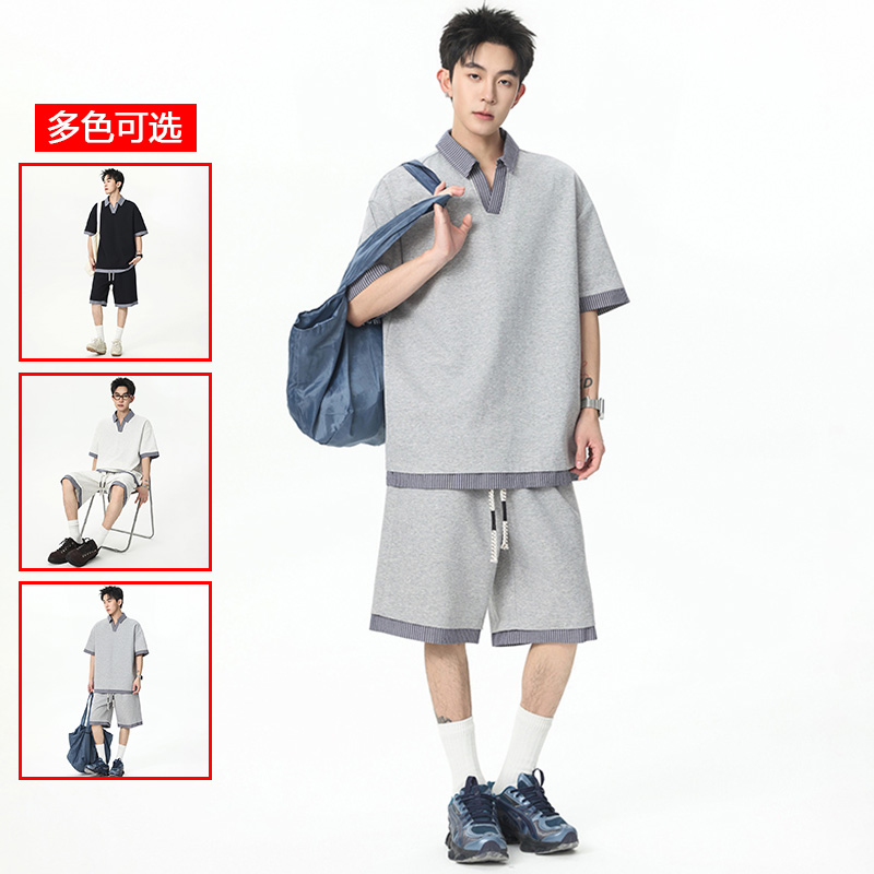 13448048.衣仕梵夏季新款男式翻领假两件美式潮流休闲套装【衣仕梵男装XJ】