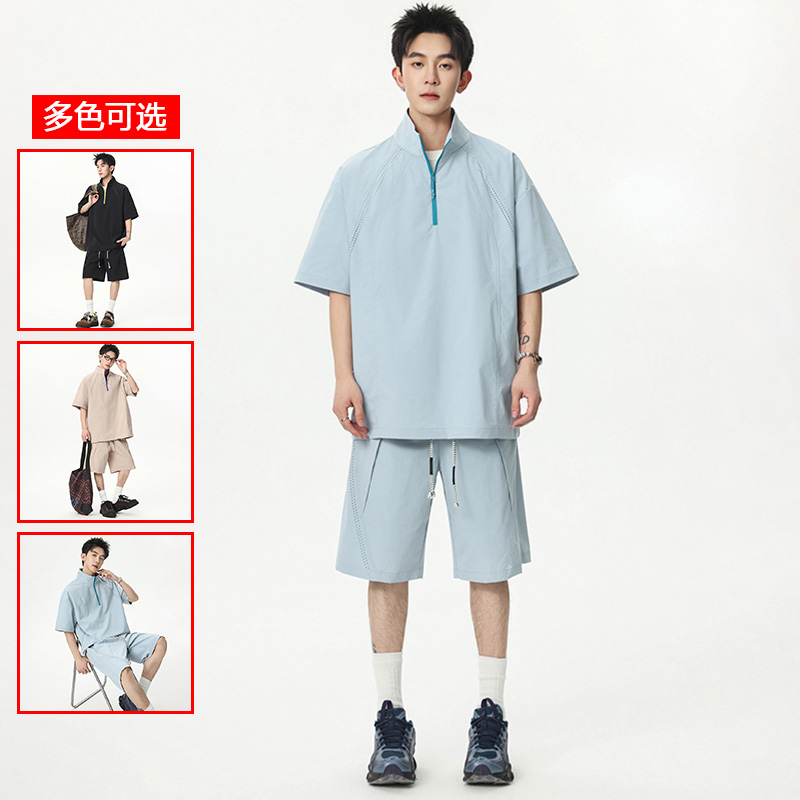 13448099.衣仕梵夏季新款男式宽松运动立领五分裤休闲套装【衣仕梵男装XJ】