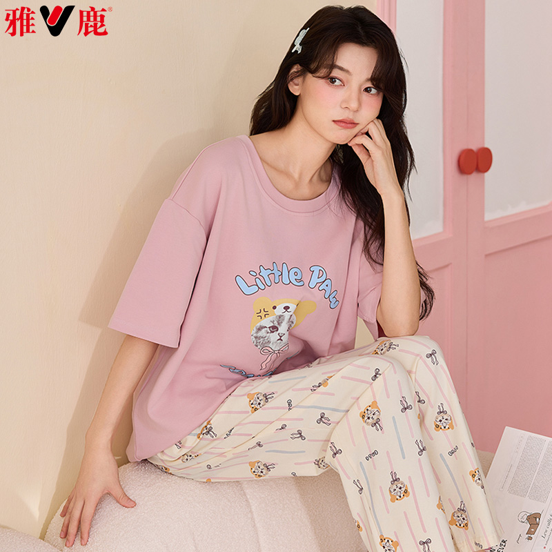13451165.雅鹿睡衣女款夏季新款纯棉100全棉短袖长裤家居服柔软亲肤透气吸汗休闲宽松透气凉爽吸汗不闷热