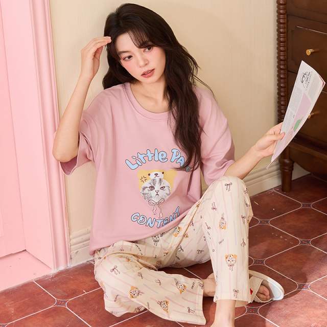 13451165.雅鹿睡衣女款夏季新款纯棉100全棉短袖长裤家居服柔软亲肤透气吸汗休闲宽松透气凉爽吸汗不闷热
