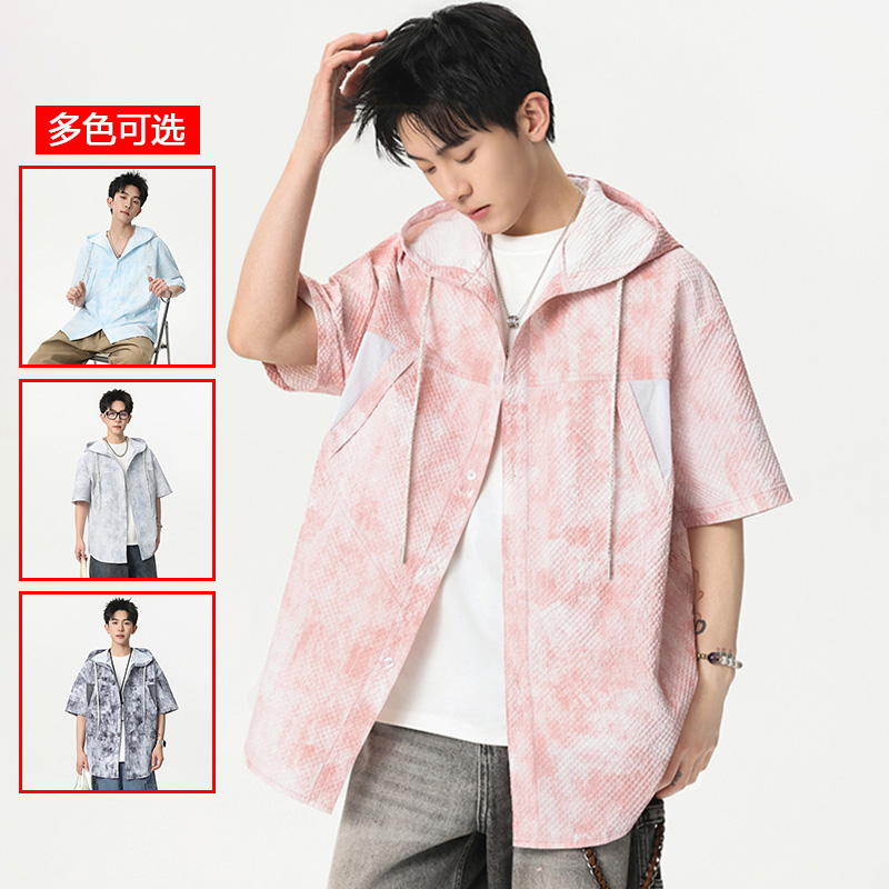 13447965.衣仕梵夏季新款男式潮流青少年连帽短袖衬衫【衣仕梵男装XJ】