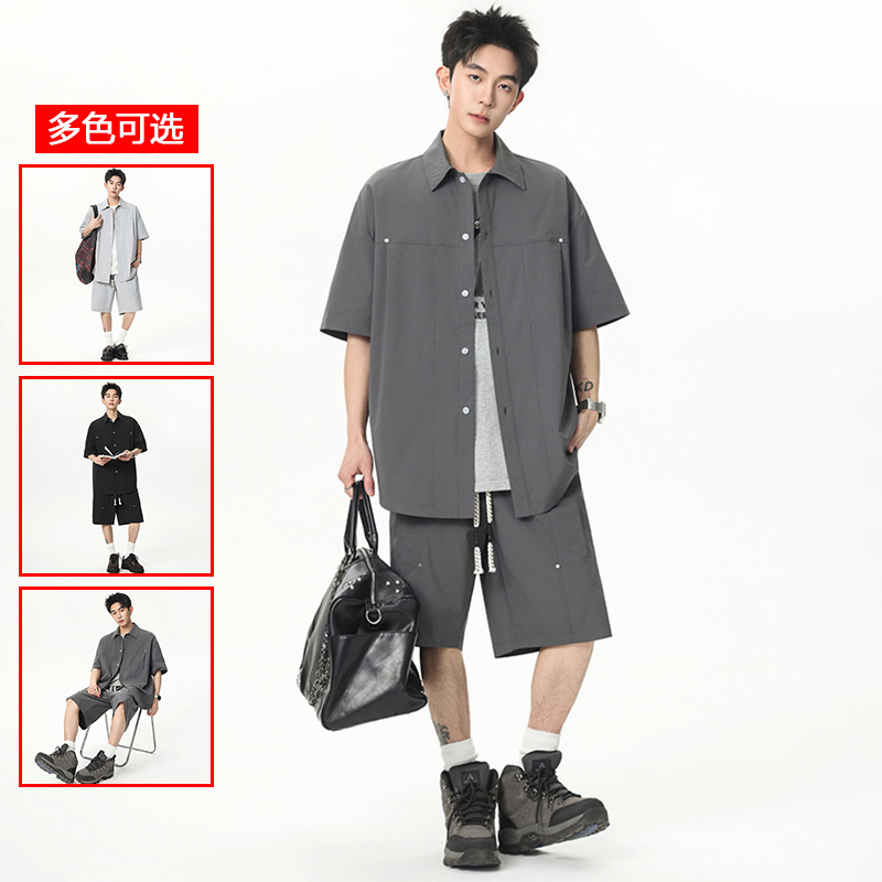 13448032.衣仕梵夏季新款男式宽松港风衬衫休闲套装【衣仕梵男装XJ】