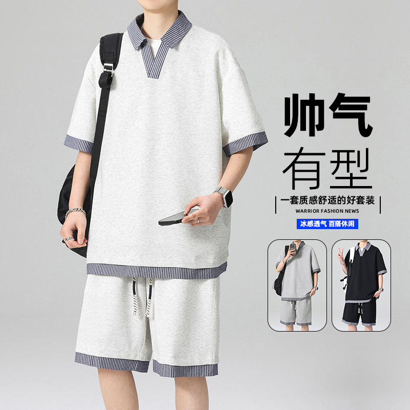 13448159.季婕夏季上新男式翻领假两件美式潮流休闲套装【季婕男装XJ】