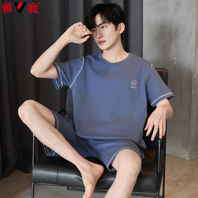 13451155.雅鹿男士睡衣套装夏季100纯棉短袖短裤全棉家居服薄款透气柔软亲肤宽松大码舒适居家休闲可外穿两件套