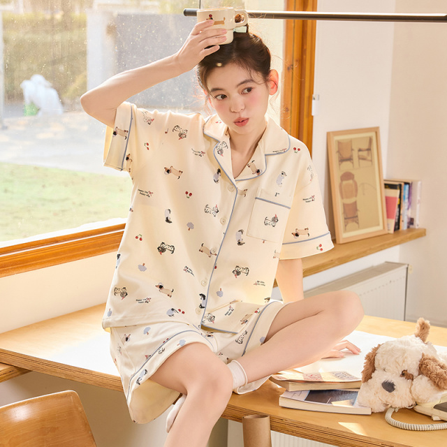 13451164.雅鹿女士夏季睡衣套装翻领开衫短袖全棉纯棉家居服宽松休闲柔软舒适简约百搭居家两件套