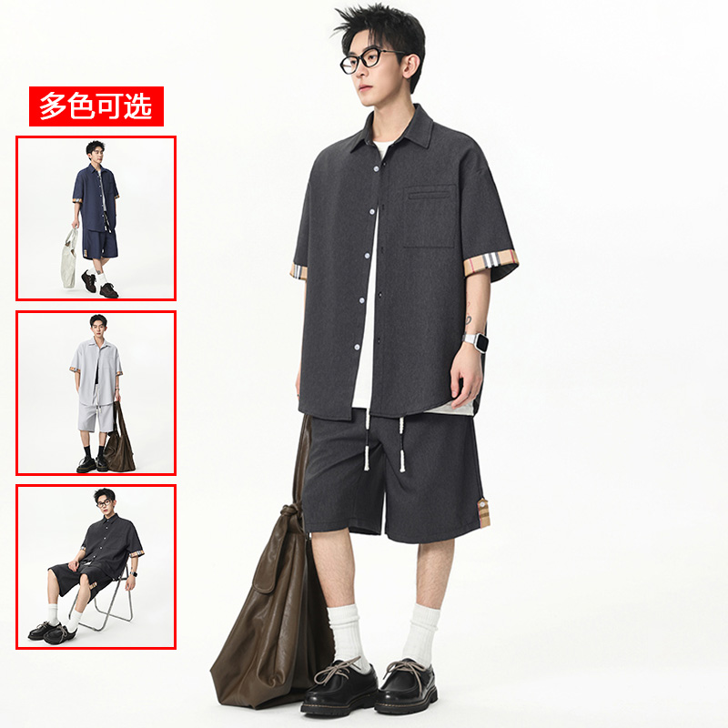 13448077.衣仕梵夏季新款男式港风衬衫五分裤潮流休闲套装【衣仕梵男装XJ】