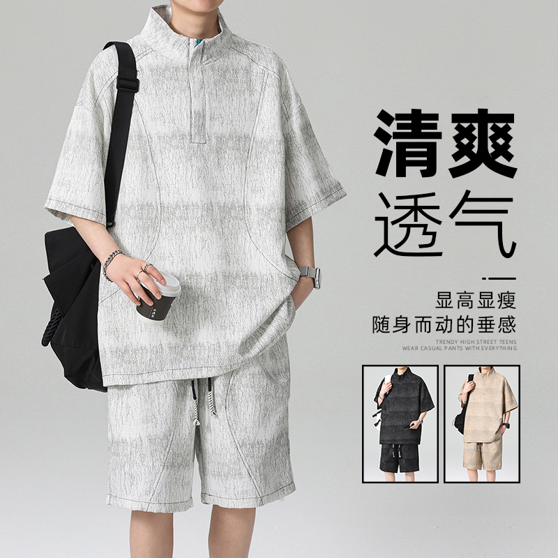 13448157.季婕夏季上新男式复古仿牛仔潮流休闲套装【季婕男装XJ】