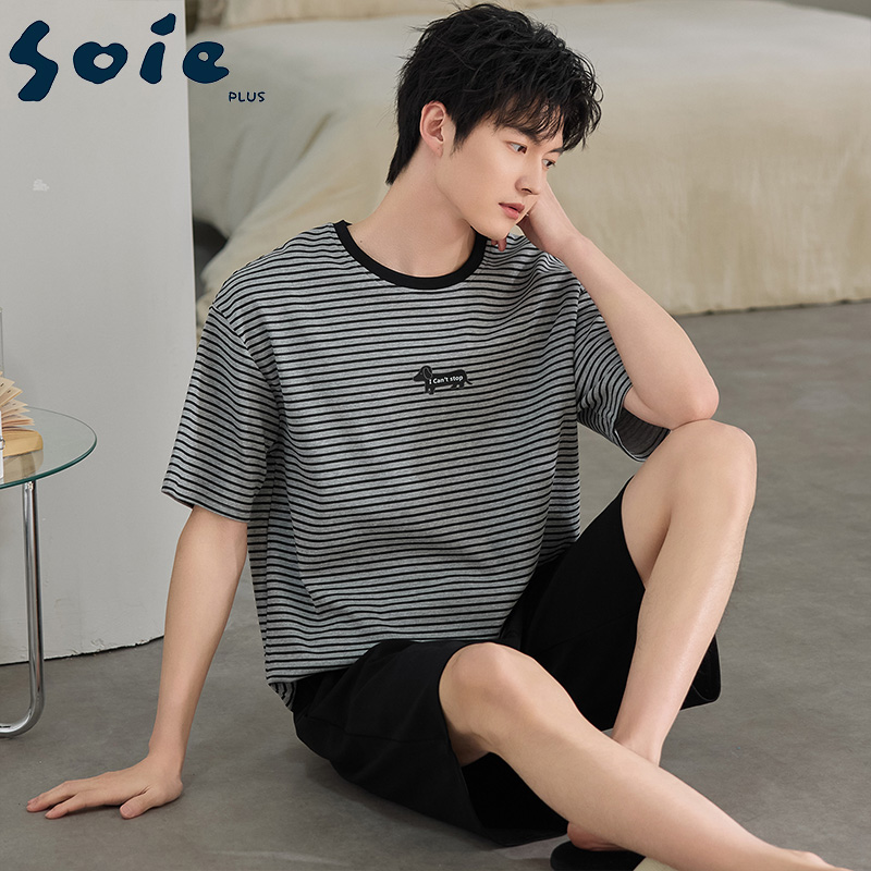 13454906.少宜套装男士纯棉短裤短袖睡衣新款夏季家居服可外穿可外出薄款大码居家春秋亲肤休闲加大加肥基础宽松柔软潮流长袖