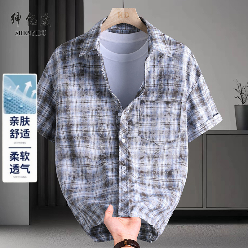 13456344.2026夏季新款美式格子短袖衬衫印花潮