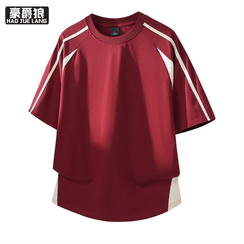 13461866.撞色拼接条纹100%纯棉T恤男款夏季宽松高级感透气短袖上衣