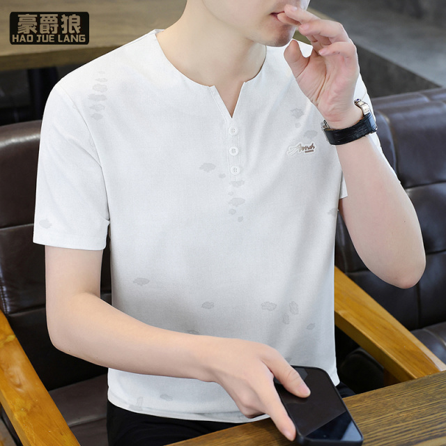 13461841.新款夏季冰丝燕尾领短袖T恤男潮流薄款宽松舒适半袖上衣