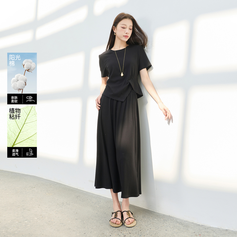 13458472.三彩若潮大码女装2026夏季新款针织上衣半身裙两件套黑色收腰胖MM