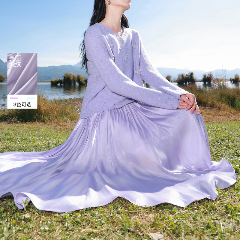 13456771.三彩若潮大码女装2026春季新款松紧高腰高光半身裙A字裙长裙胖MM