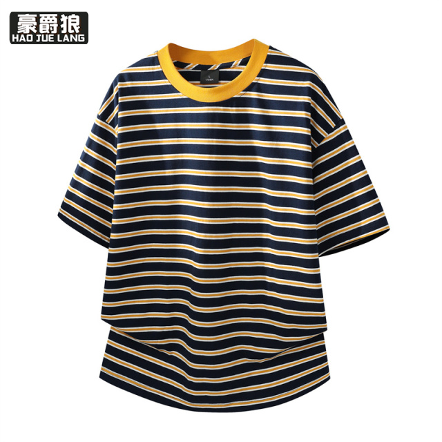 13461821.新款美式纯棉百搭条纹潮短袖T恤男宽松圆领套头休闲宽松情侣上衣