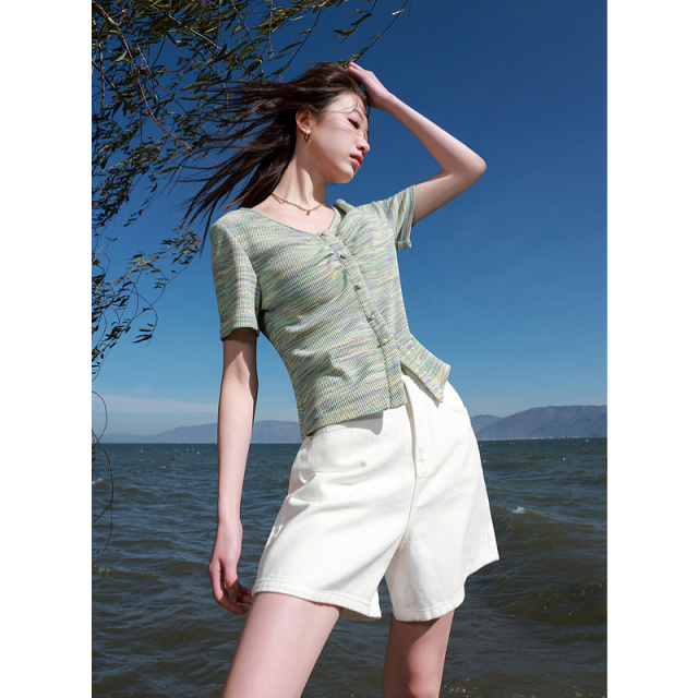 13458540.三彩大码女装2025春季新款晕染V领短袖T恤小衫套头华夫格显瘦胖MM