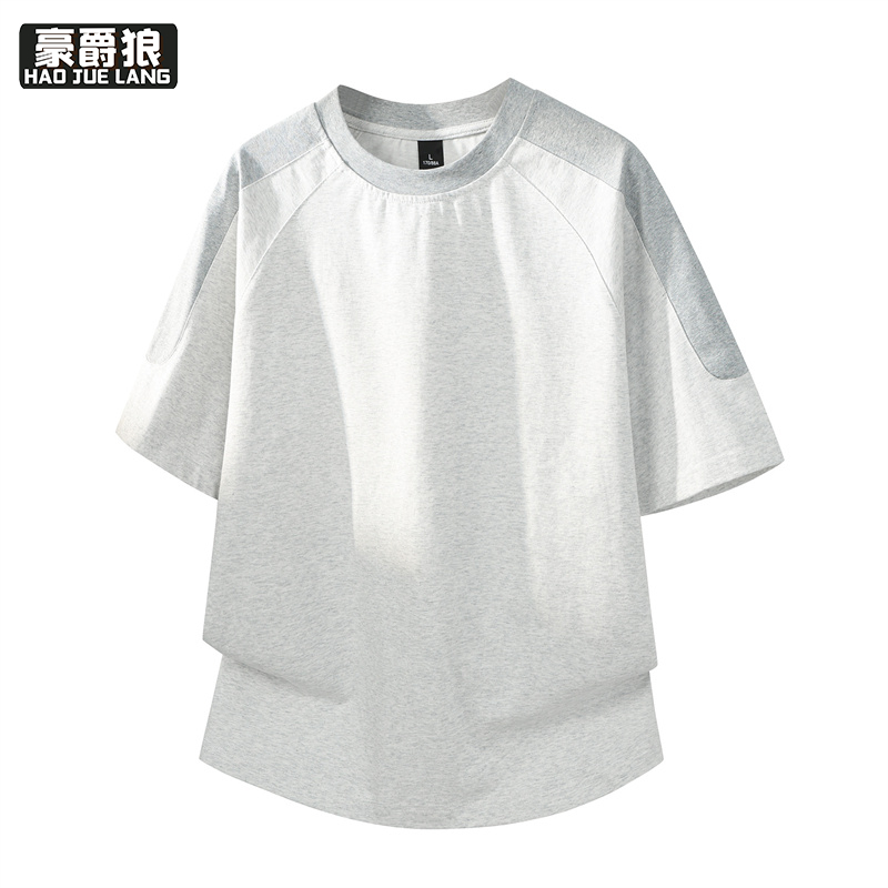 13461875.美式复古撞色拼接短袖圆领t恤男生夏季设计感宽松重磅上衣