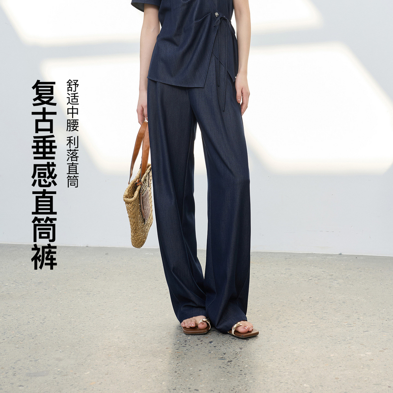 13455444.复古垂感直筒裤~三彩若潮大码女装2026春季新款长裤深蓝胖MM