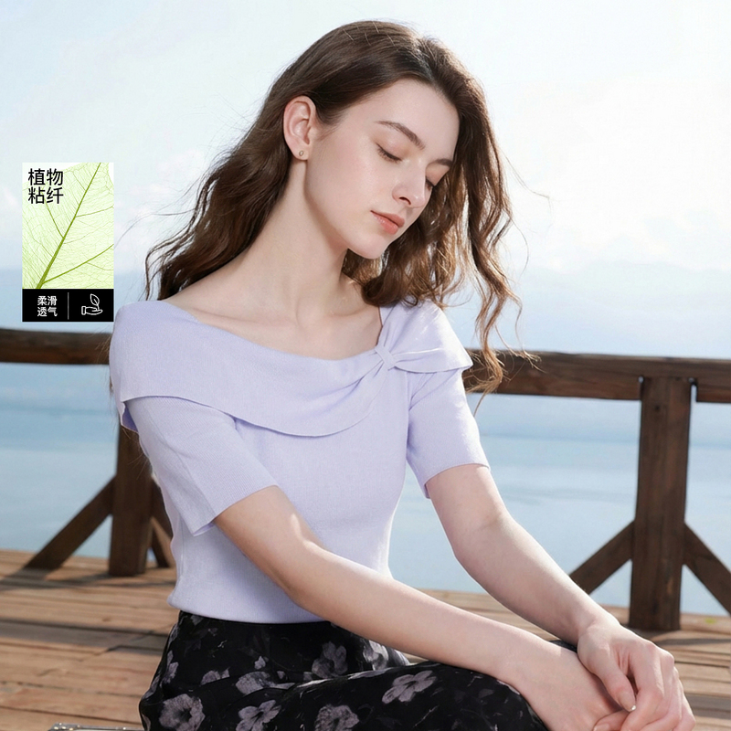 13455376.三彩若潮大码女装2026春季新款蝴蝶结一字领针织衫短袖淡紫胖MM