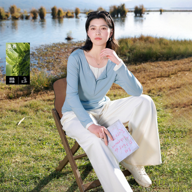 13455367.【莱赛尔】三彩若潮大码女装2026春季新款假两件圆领T恤长袖胖MM
