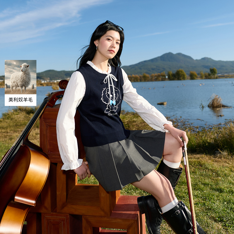 13455327.三彩若潮大码女装2026春季新款假两件针织衫长袖上衣蝴蝶结胖MM