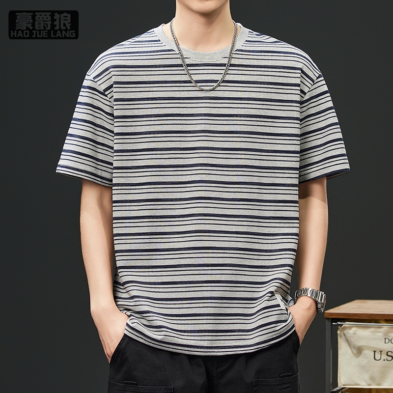 13461864.美式撞色条纹短袖t恤男夏季时尚新款潮流宽松休闲珠地棉半袖上衣