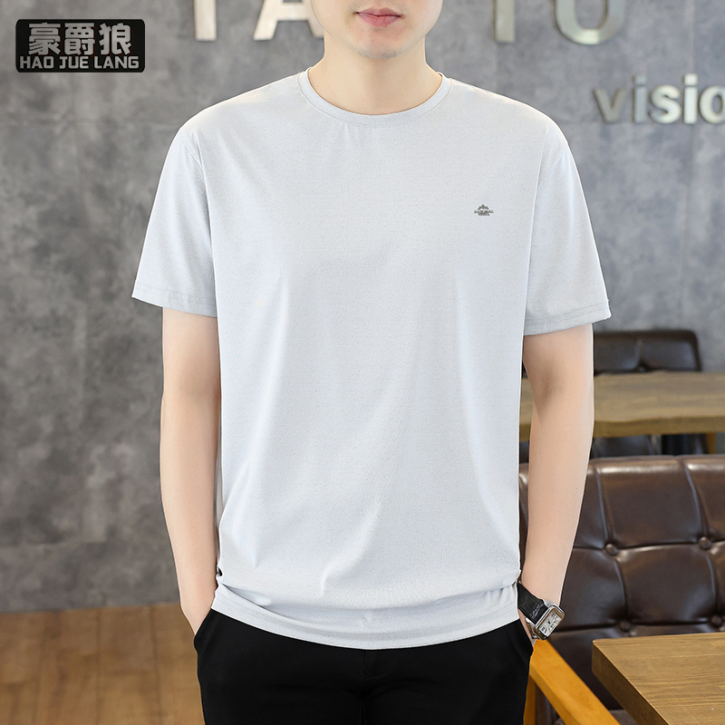 13461826.冰丝弹力男士条纹t恤短袖夏季时尚新款修身半袖高端体恤潮