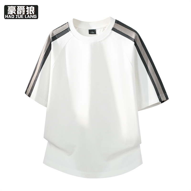 13461793.撞色条纹短袖男夏季新款潮牌美式风纯棉半袖衣服青少年宽松T恤衫