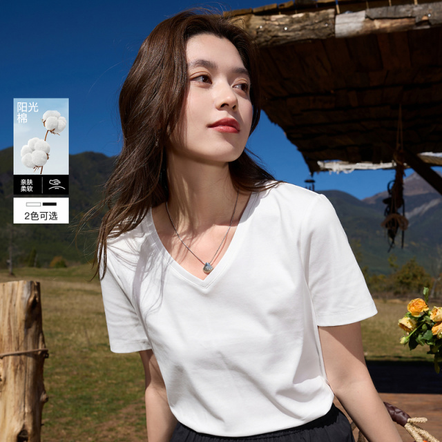 13456765.【100棉】三彩若潮大码女装2026春季新款基础款V领T恤短袖胖MM