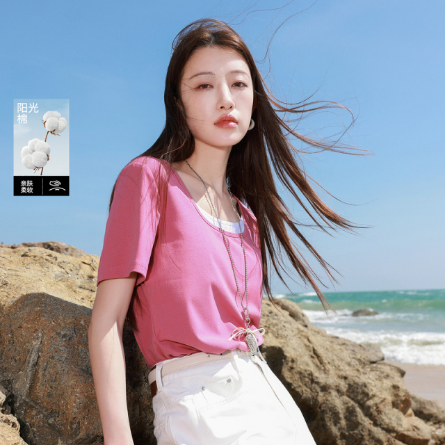 13458497.三彩若潮大码女装2026夏季新款方领T恤短袖假两件宽松粉色胖MM