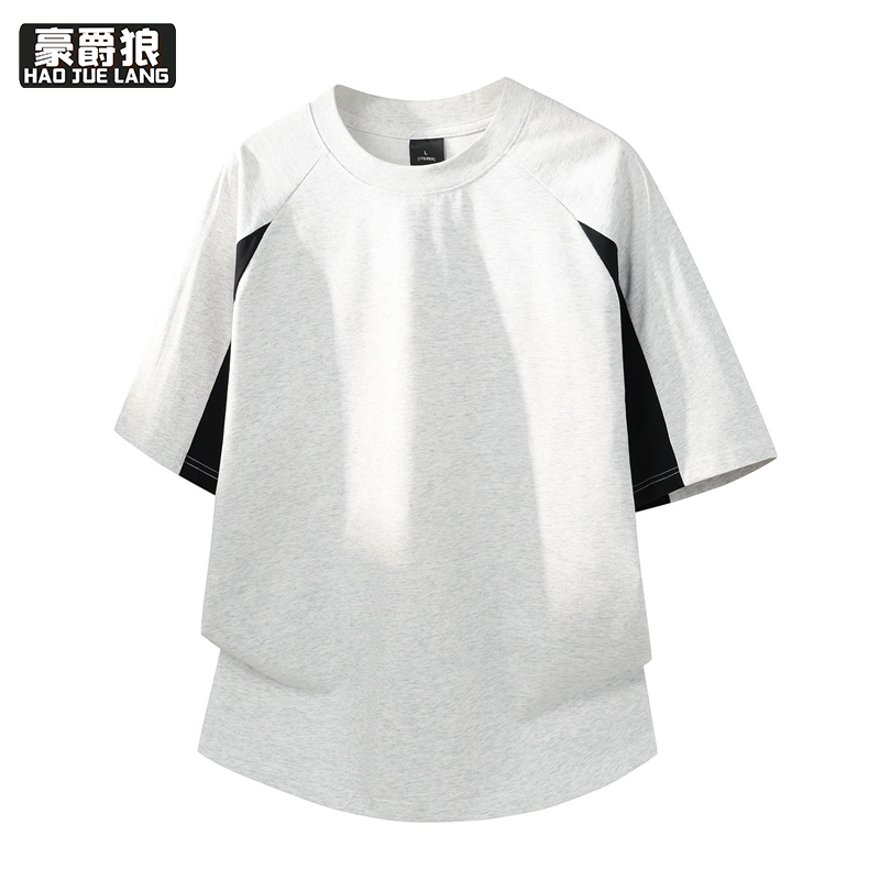 13461876.纯棉短袖T恤男撞色落肩袖宽松休闲夏季轻薄透气套头运动圆领上衣