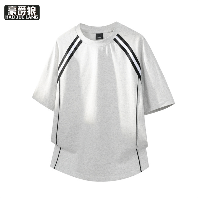 13461863.日系简约ins少年感重磅纯棉短袖t恤男夏季休闲拼接情侣款圆领上衣