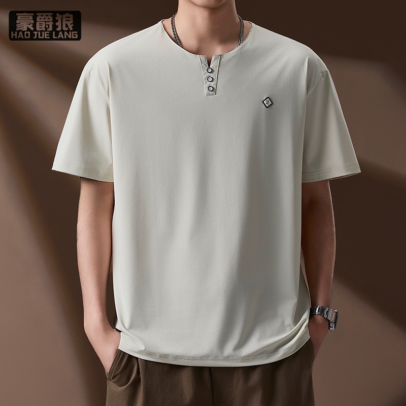 13461835.男士冰感短袖T恤夏季新款V领中式复古纽扣纯色中年青年休闲上衣